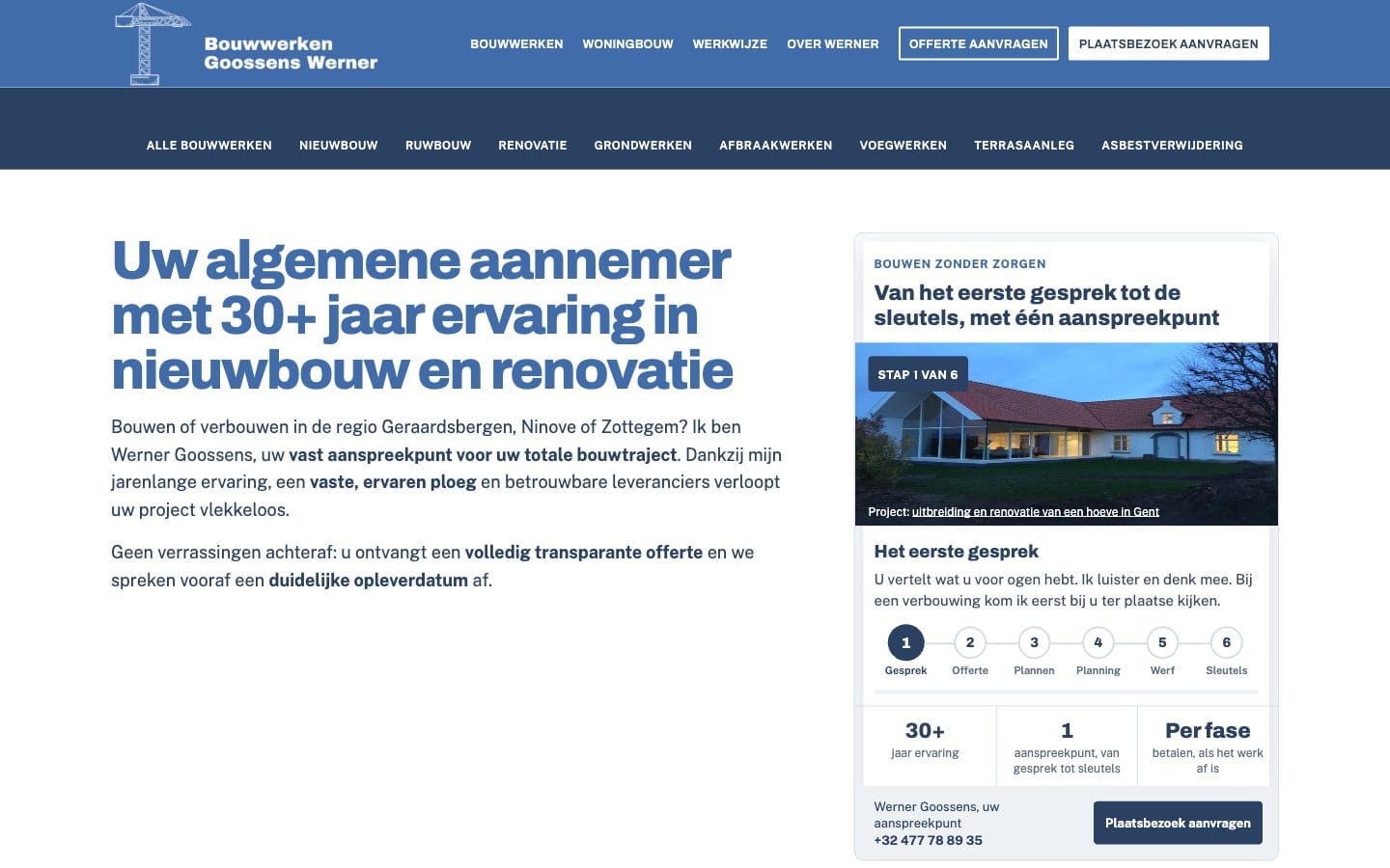 Homepagina van bouwwerkengoossens.be met de interactieve infografiek naast de openingstekst