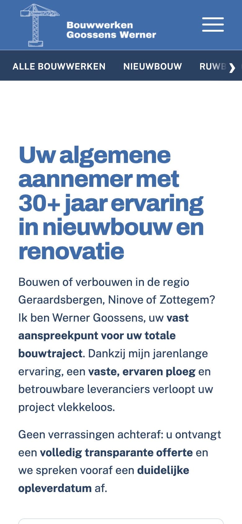 Homepagina van Bouwwerken Goossens op een smartphone