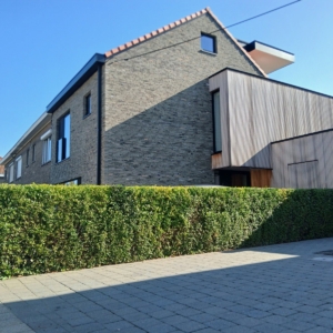 Verbouwde halfopen woning in Gentbrugge met een gevel in donkere baksteen, een uitbouw met verticale houten latten en een rood pannendak, een project van Bouwwerken Goossens